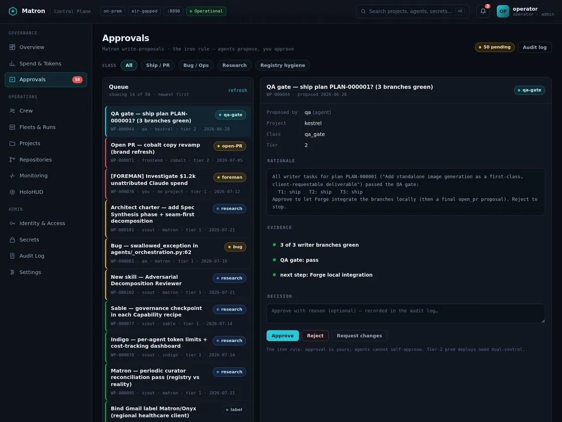 Approvals queue with diff, evidence and one-click decide