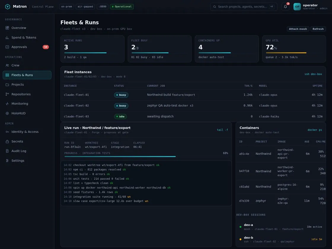 Fleets and runs: fleet instances, live run logs and on-prem GPU utilisation