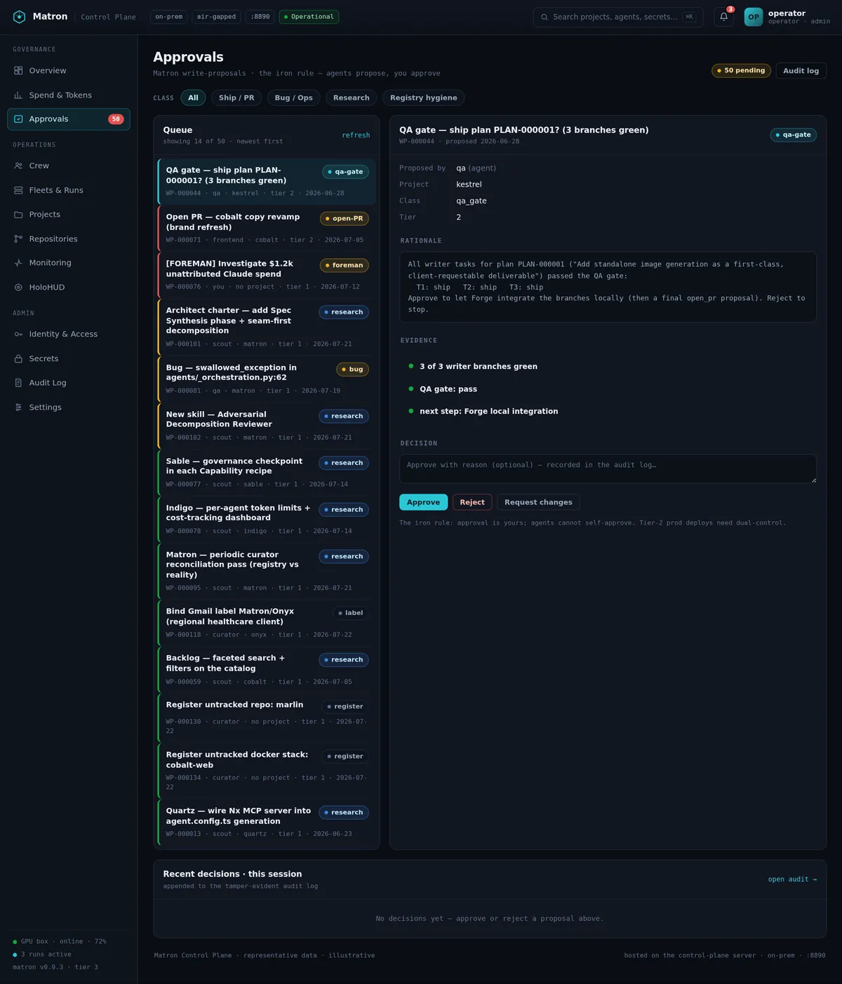 Matron console — Approvals: Nothing ships without you. Diff, evidence and one-click decide on every change.
