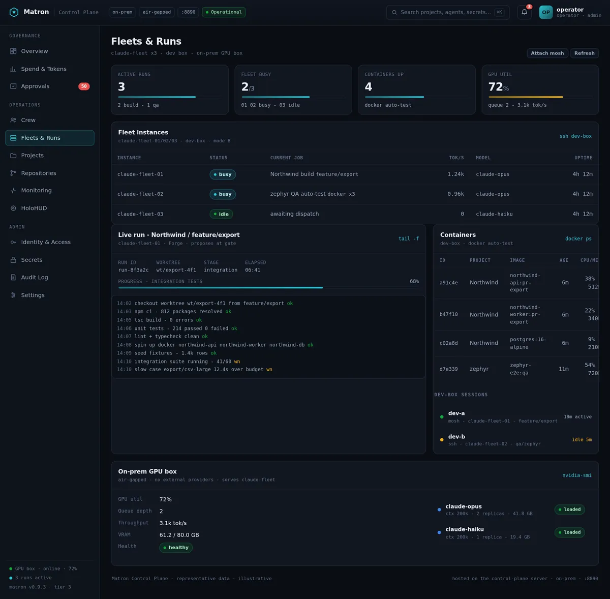 Matron console — Fleets & Runs: Watch the build happen — fleet instances, live run logs and on-prem GPU utilisation.
